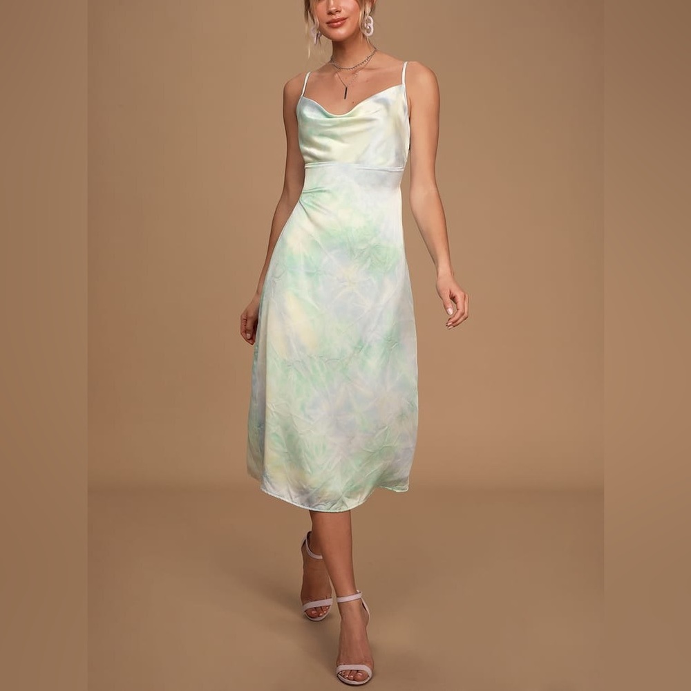 NWT Lulu’s Women's Tranquil State Blue Multi Tie-Dye Satin Midi Slip Dress - S